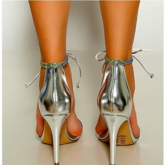 Women's Silver Rhinestone Front Tie Lace Up Detail Single Sole High Heels - Picture 3 of 5